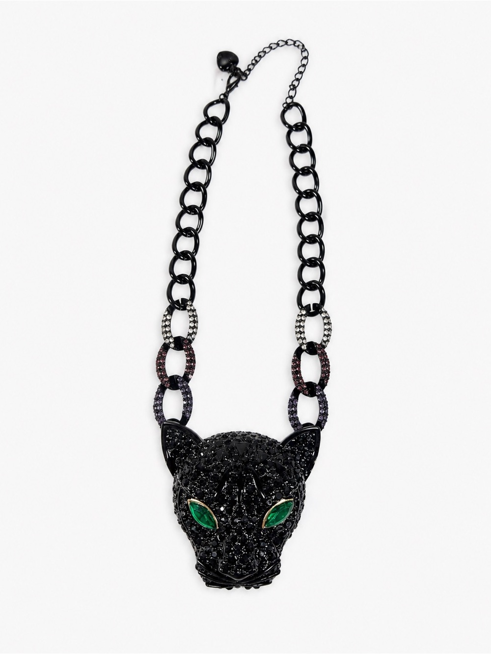 BETSEY JOHNSON BLACK PANTHER RHINESTONES HEAD NECKLACE IN BLACK/ GREEN 17”+2”
